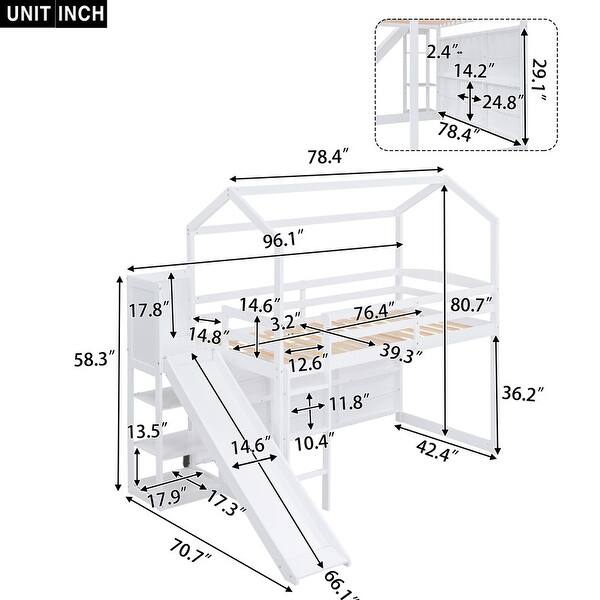 dimension image slide 0 of 2, Wood House Loft Bed with Slide,Storage Shelves,Climbing Ramp and Light