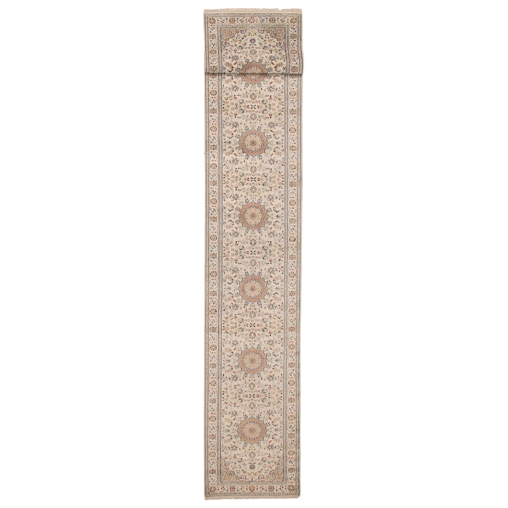 ECARPETGALLERY Hand-knotted Nain Cream Silk, Wool Rug - 2'8 x 30'11