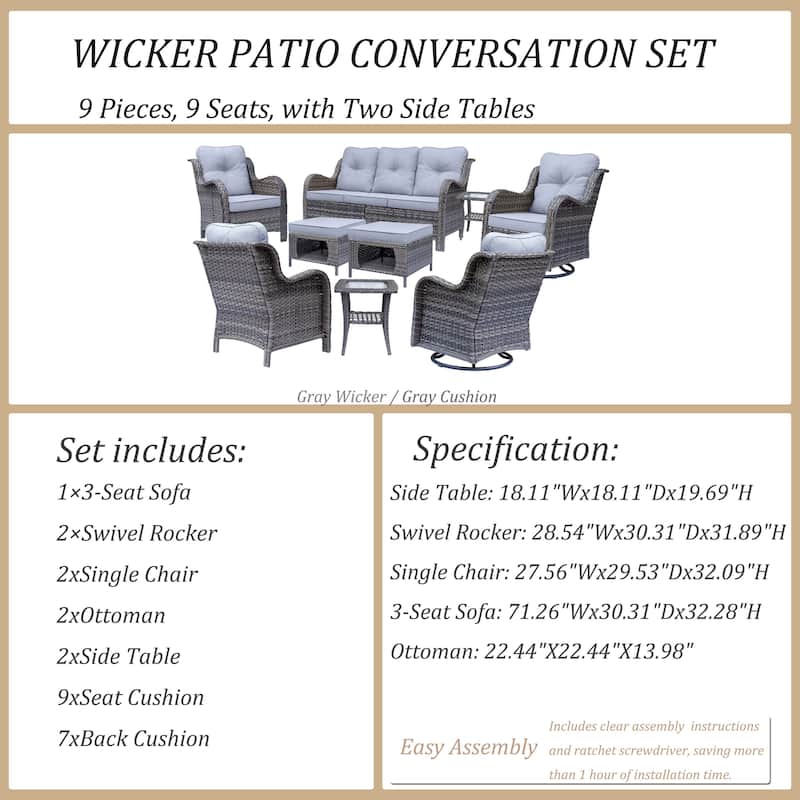 9 Piece Outdoor Wicker Patio Conversation Furniture Swivel Chairs Sets