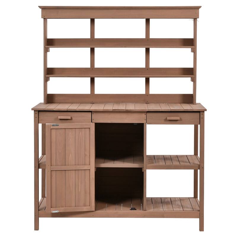 Outdoor Garden Potting Bench Table Workstation Planting Bench with 2 Drawers, Cabinet and Open Shelves for Backyard, Mudroom