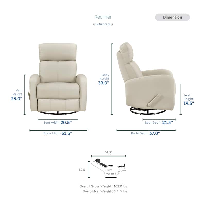 Creek 31.5" Leather Manual Swivel Glider Recliner - 360-Degree Swivel