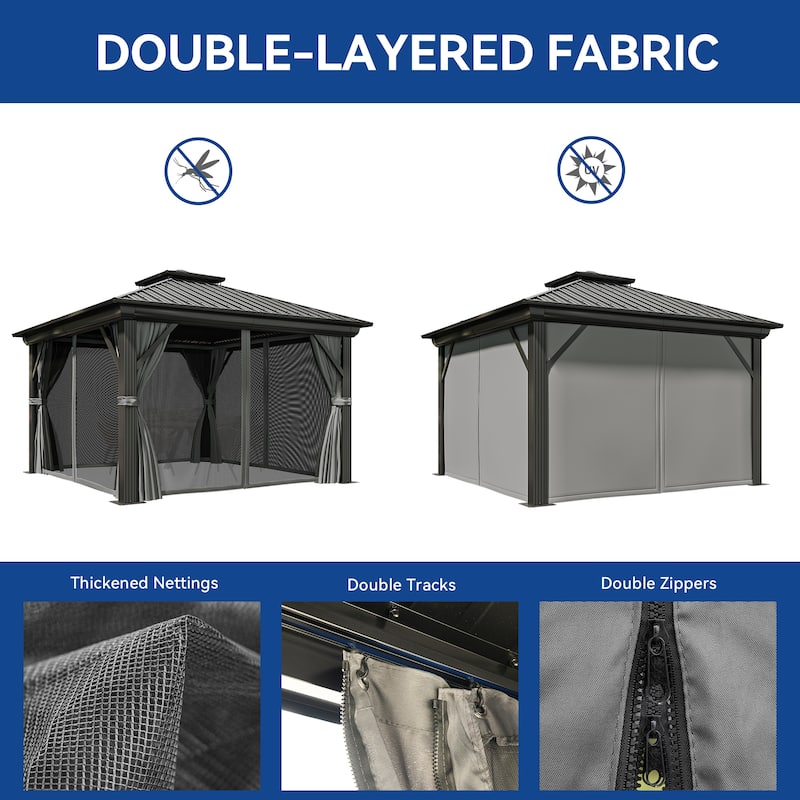 2-Tier Galvanized Aluminum Hardtop Canopy Gazebo with Netting and Curtains