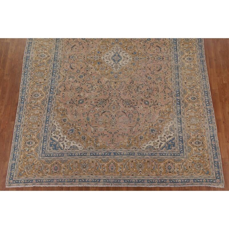 Distressed Floral Kashan Persian Antique Area Rug Handmade Wool Carpet - 9'0" x 12'5"