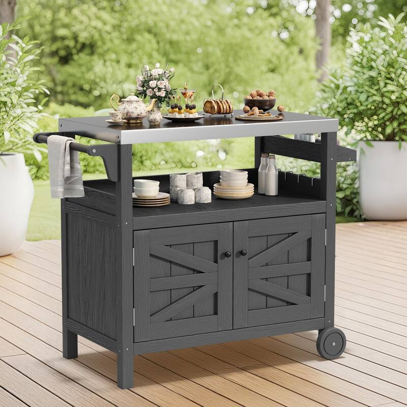 Outdoor Kitchen Cart with Stainless Steel Top, HDPE Patio Serving Cart with Storage - Navy
