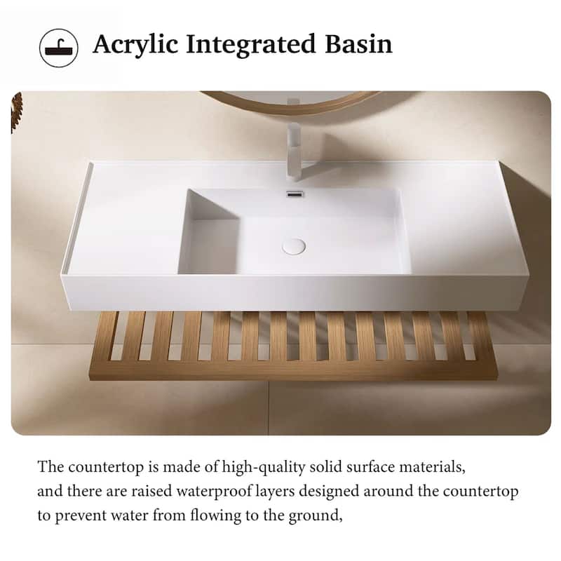 Wall-Mounted Bathroom Vanity in Natural Wood with White Integrated Acrylic Sink