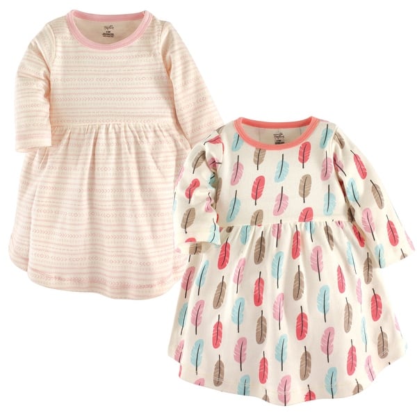 slide 1 of 1, Touched by Nature Baby and Baby Girl Organic Cotton Long-Sleeve Dresses 2pk, Feather 0-3 Months - Baby Toddler Feather Long Sleeve