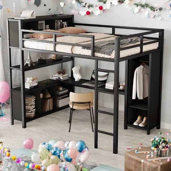 slide 2 of 16, Full Size Loft Bed with Storage Cubes and Shelves,Metal Loft Bed with Wardrobe And L-shaped Desk Black
