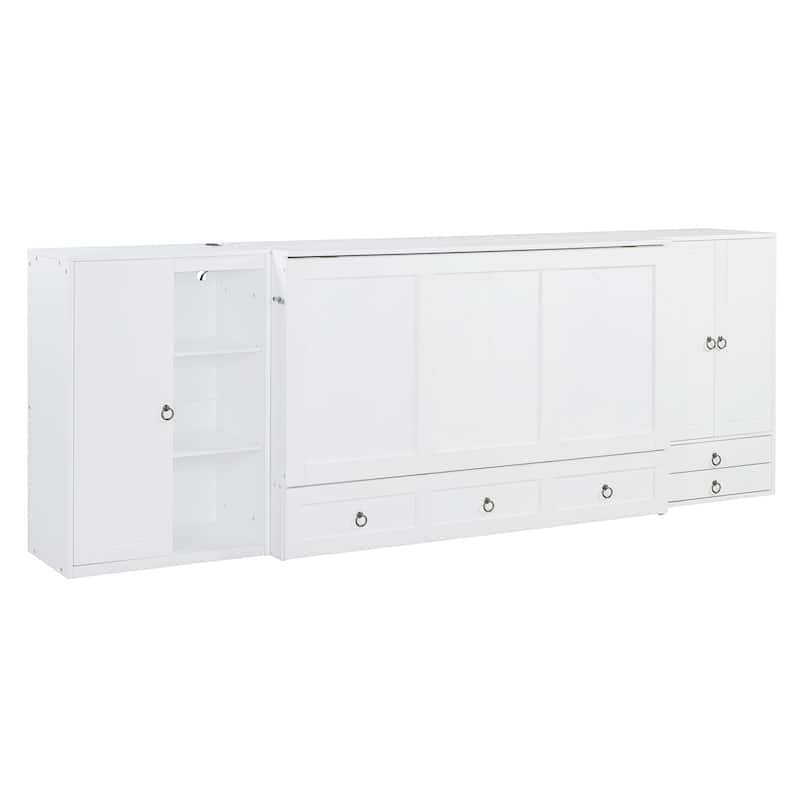 Queen Size Murphy Bed with USB Port, Little Wardrobes and Drawers, White