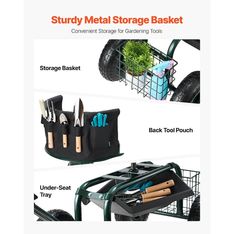 Green and Black Steel Rolling Garden Cart with Inflatable Tires, Adjustable Handle and 360 Seat