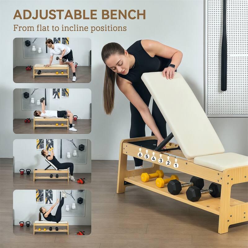 Adjustable Dumbbell PU Padding Bench with Storage Rack and Wood Frame for Home Gym - 46.9" L x 14.8" W x 16.9" -44.1" H
