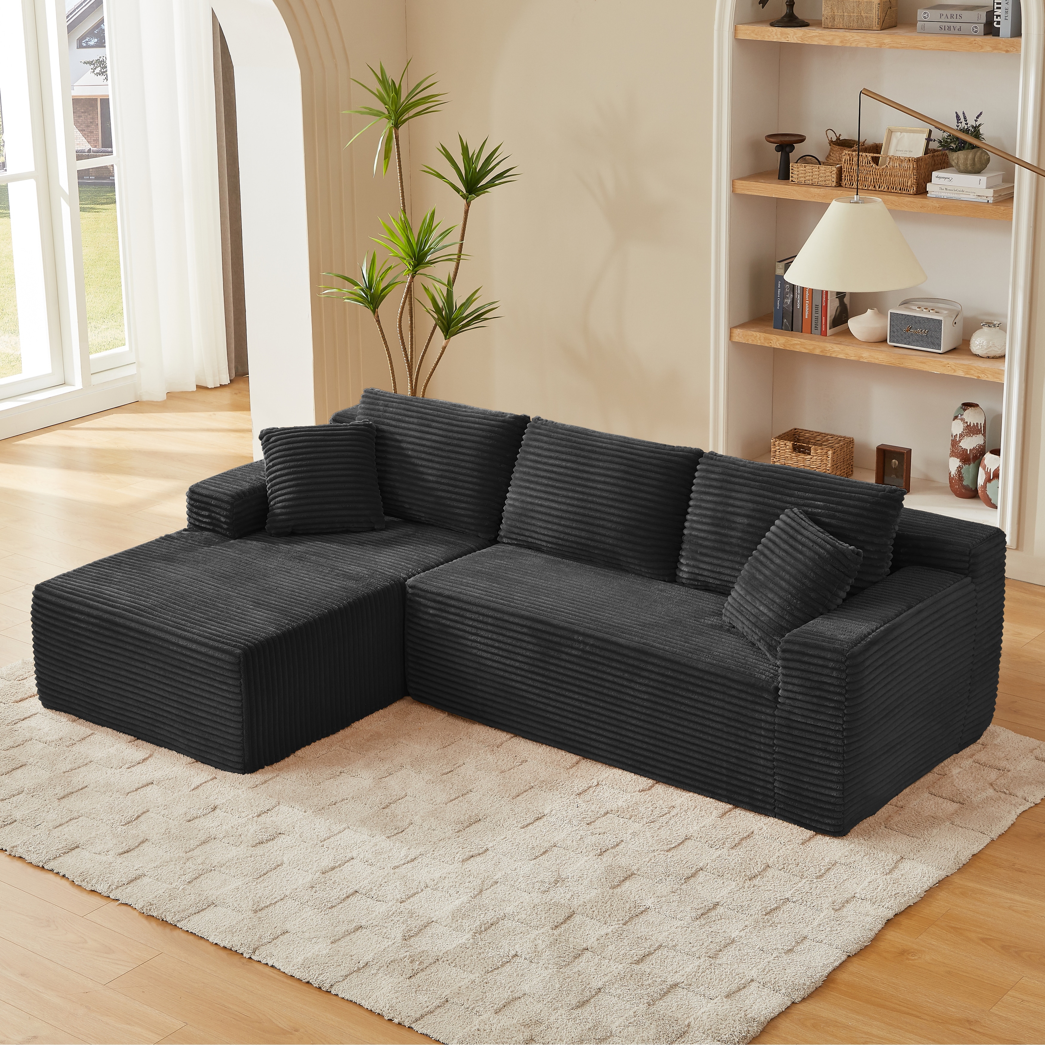 L-Shaped Modular Sectional Sofa with Chaise Lounge, Comfy Corduroy Deep Seat Cloud Couch, 4-Seater Sofa with Pillows