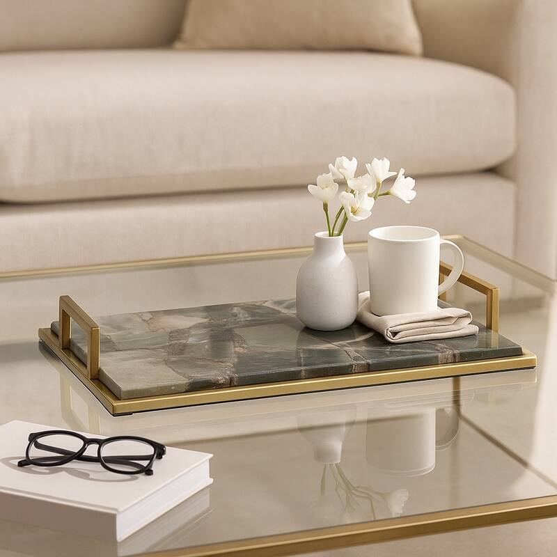 Decorative Agate Accent Tray - Home Decor - 23", Green & Gold