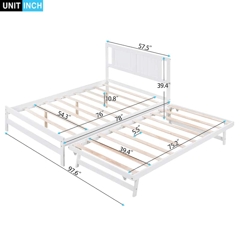 Full Size Platform Bed with Adjustable Trundle in White