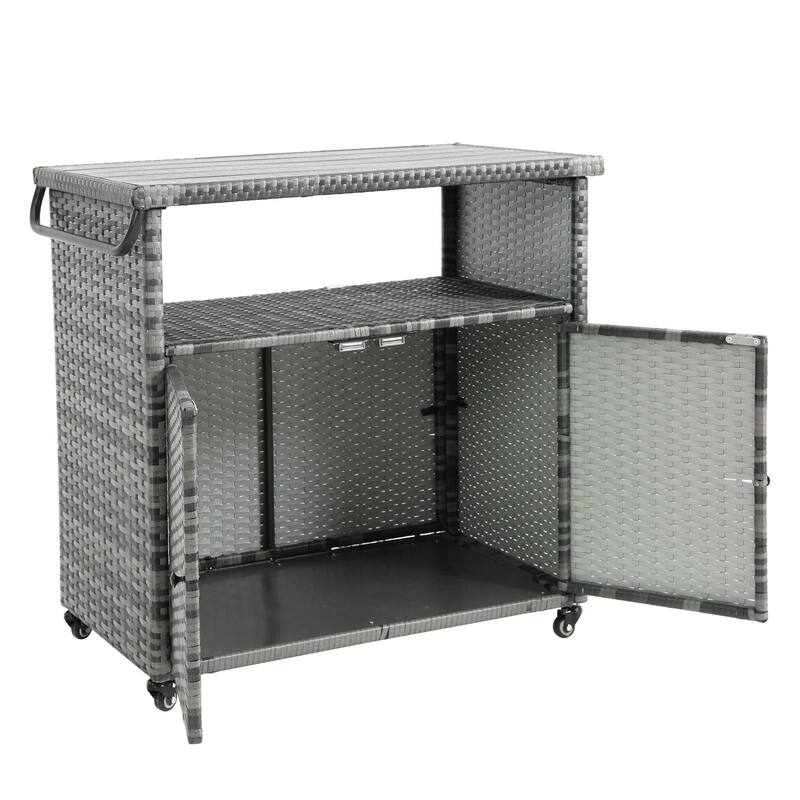 Outdoor Wicker Bar cart, Patio Wine Serving cart w/Wheels , Rolling Rattan Beverage Bar Counter Table w/Glass Top