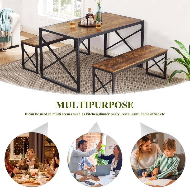VECELO 3-pieces Dining Table with Bench, Dinning Room Table Set for 4-6, Kitchen Table with 2 Benches Dining Table Set