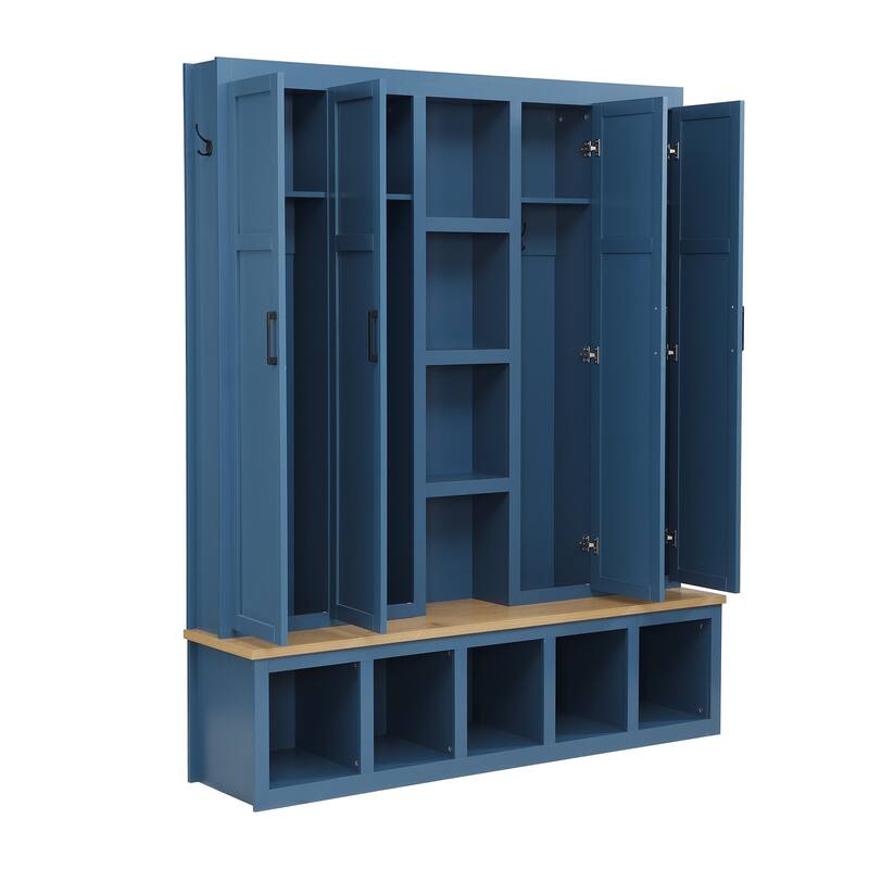 Farmhouse Hall Tree with Bench & 6 Hooks, 62.9"W Shoe Storage, Entryway Organizer for Mudroom, Living Room