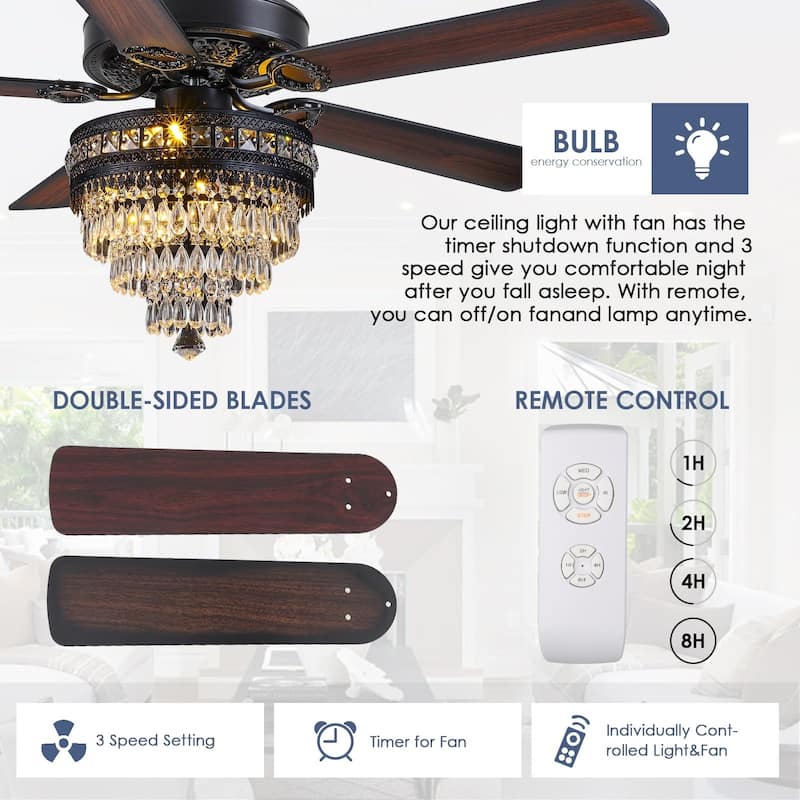 52"/62" Modern Crystal Chandelier Ceiling Fan Light,Reversible Airflow,E12 Bulbs,for Bedroom,Kitchen,Patio