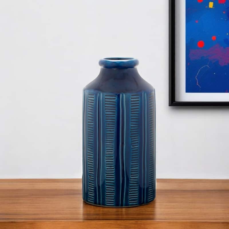 11 Inch Blue Ribbed Round Terracotta Vase for Table Decor - Blue