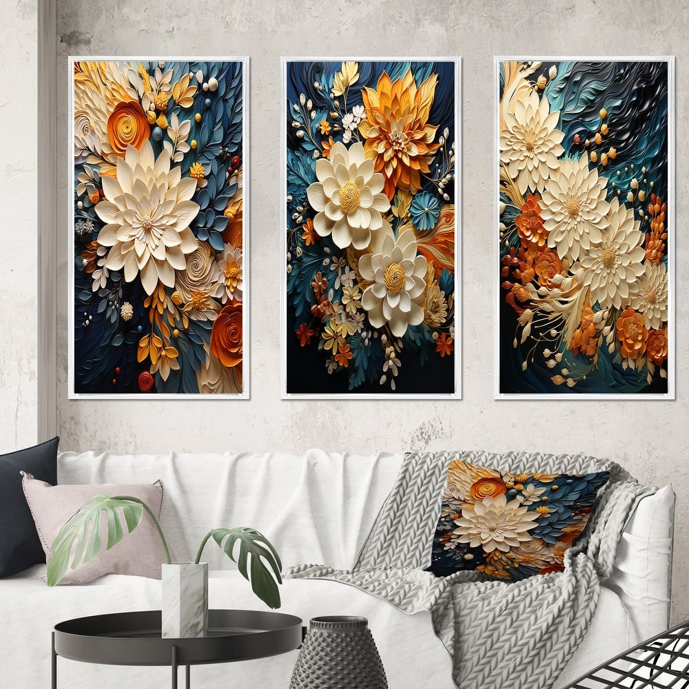 Designart "Orange Teal Botanical Whirlwind IV" Abstract Framed Wall Art Set Of 3 Frame Gallery Wall Set For Home Decor