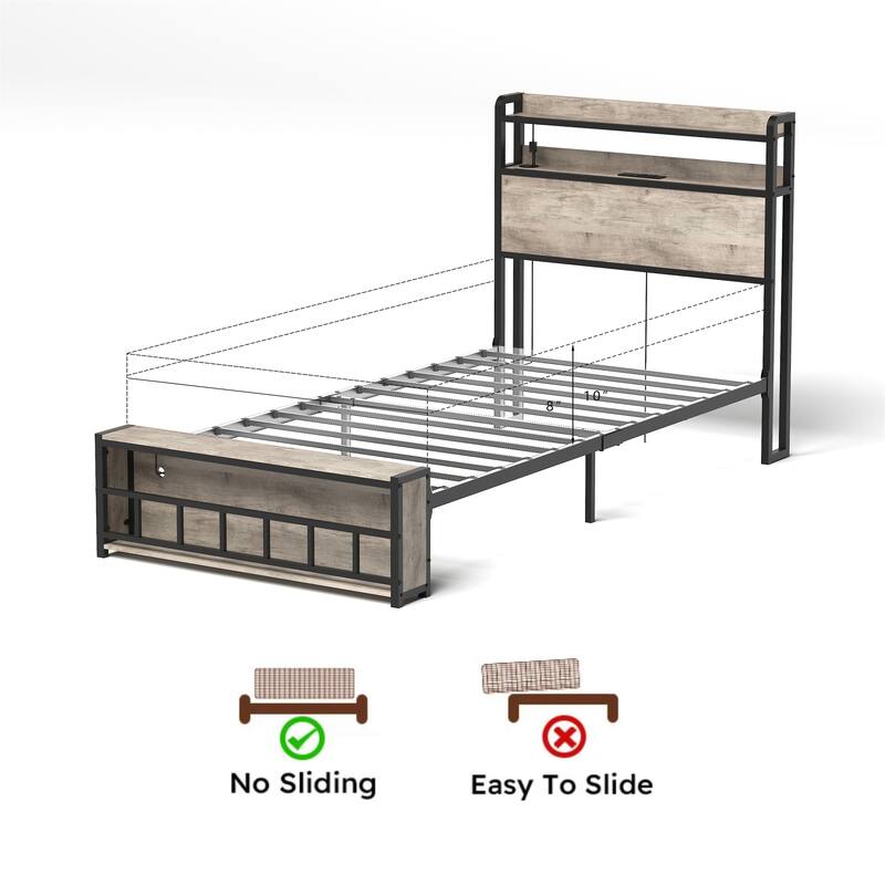 Twin Size LED Platform Bed with Headboard and Charging Station