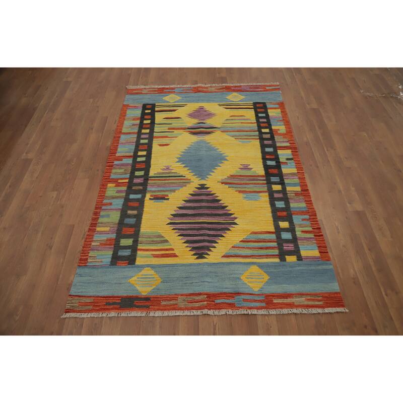 Hand Woven Oriental 100% Wool Carpet Southwestern Tribal Yellow & Gold Kilim Area Rug - 6' 2'' X 4' 0''
