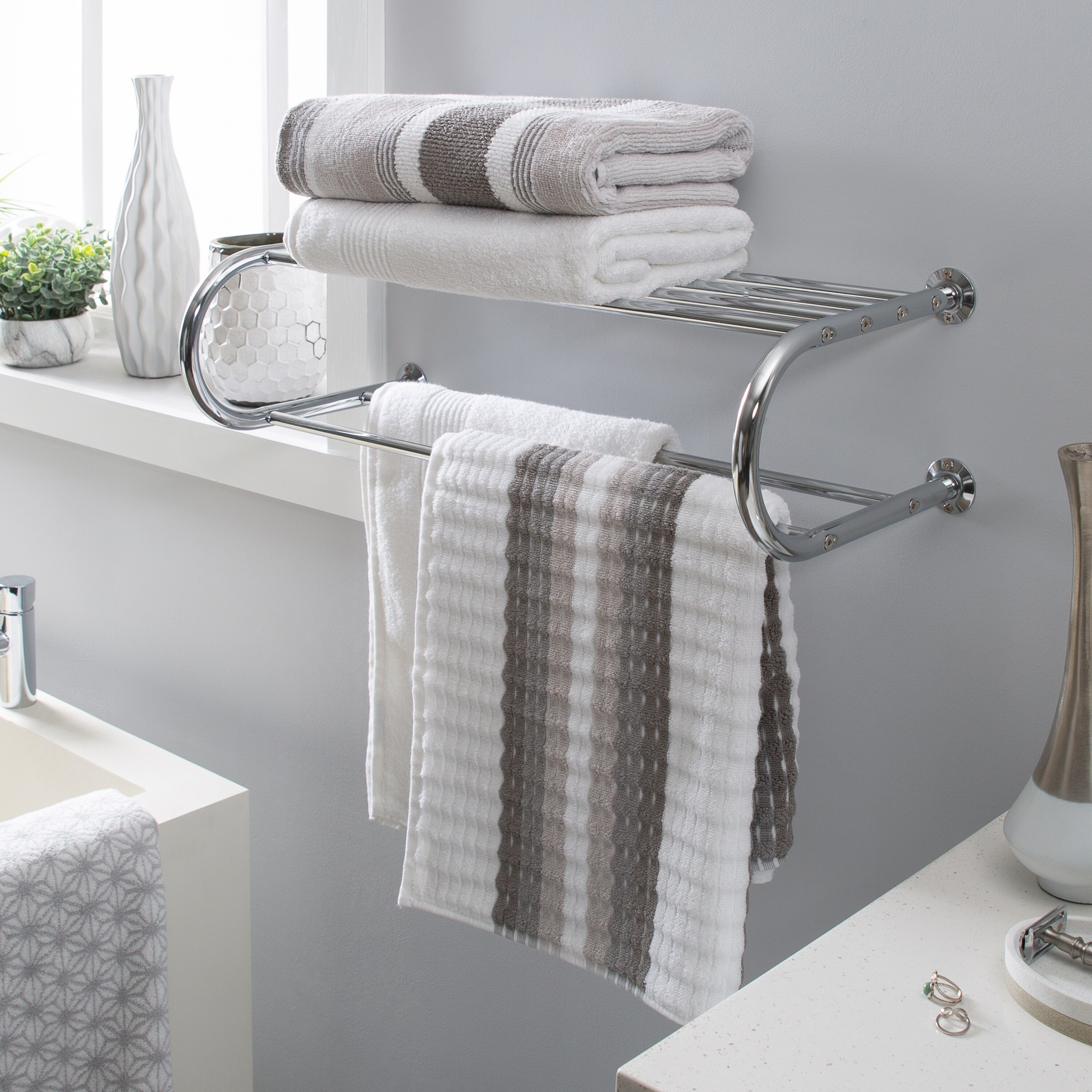Polished Chrome Wall Mounted Bathroom Towel Rack Shelf Rails Double Bar 8ba831 