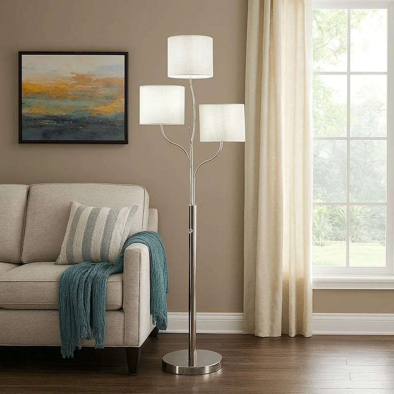 Indi 60 Inch Floor Lamp, 3 Drum Fabric Shade, Round Metal Base, Silver