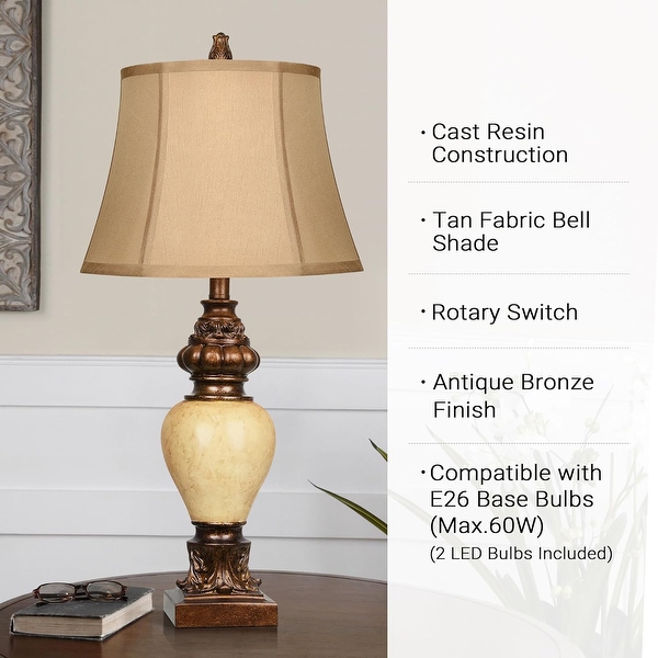 28 High Traditional Table Lamp Set of 2 Vintage Bronze Bedside Lamps with Faux Silk Bell Shades Brown
