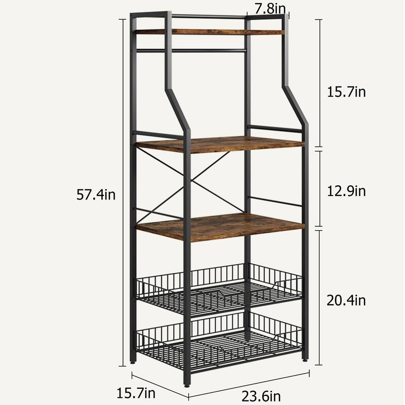 5-Tier Kitchen Bakers Rack Microwave Oven Stand with 2 Large Wire Basket - 15.7"D x 23.6"W x 50.7"H