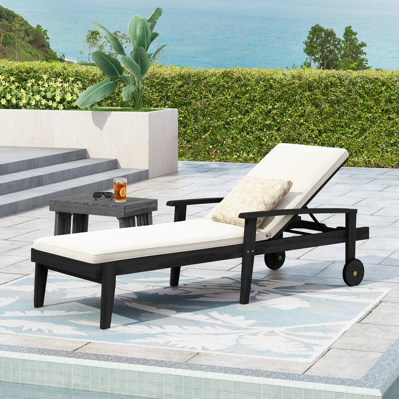 Outdoor Wood Chaise Lounge with Wheels and Adjustable Backrest, Cushion for Poolside Patio Garden - Black White