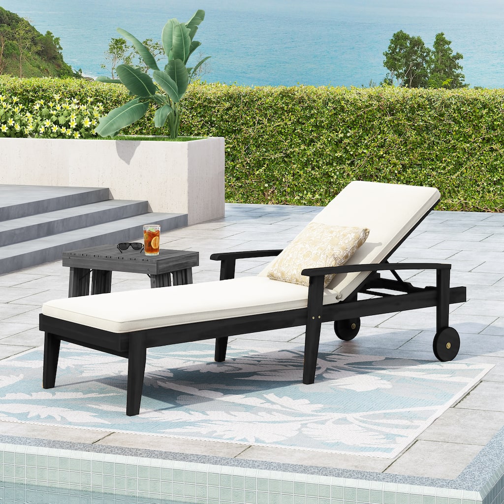 Roomfitters Jason Acacia Wood Outdoor Chaise Lounge with Cushion, Adjustable Recline