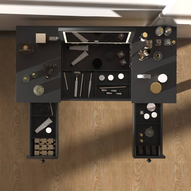 Small Flip Top Makeup Table with LED Lights, Mirror, 2 Drawers