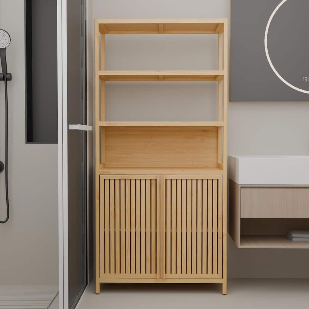Bamboo Bathroom Cabinet with Drawers, Storage Cabinet with Open Shelves, Accent Cabinet with Magnetic Door