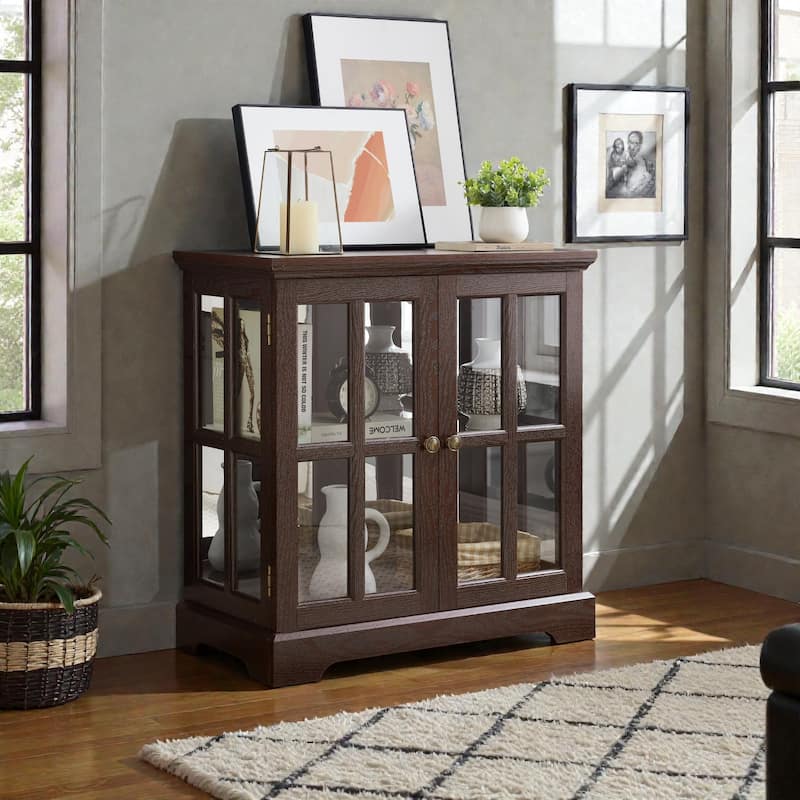 LED Curio Display Cabinet with Adjustable Glass Shelves, Antique Style Storage Cabinet with Lattice Doors