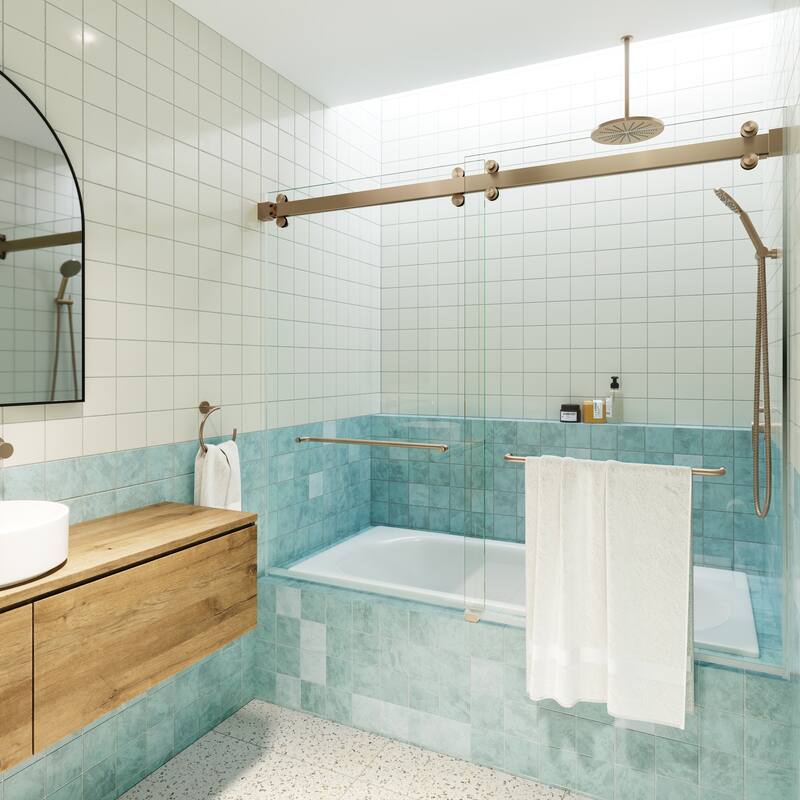 Polaris 60 in. x 60 in. Fully Frameless Glass Sliding Bypass Bathtub Doors with Square Hardware