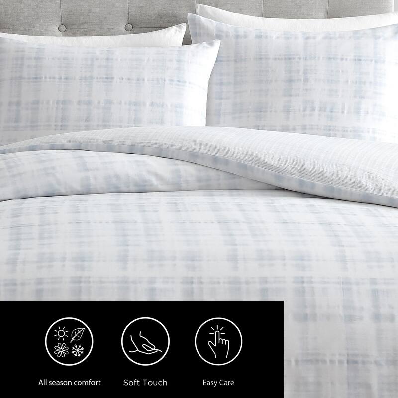 Vera Wang Blurred Plaid Cotton Comforter Set Reversible (Blue, 3 Piece)