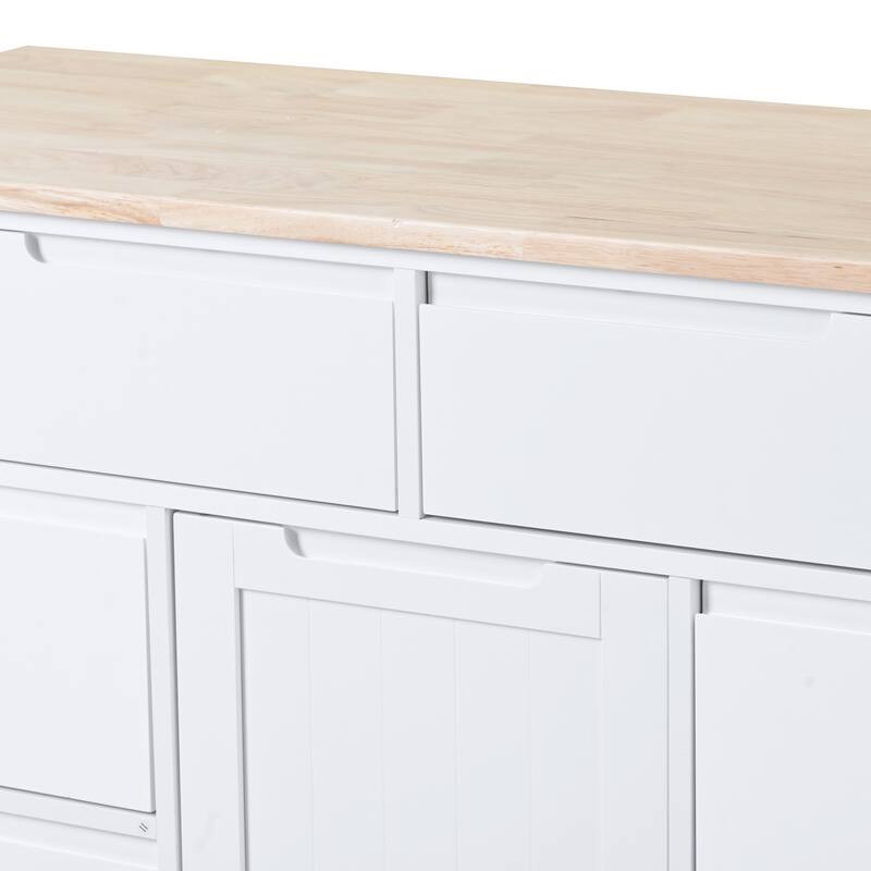 Kitchen Island with 8 Handle-Free Drawers, Rubber Wood Top, Flatware Organizer & 5 Wheels for Storage & Organization