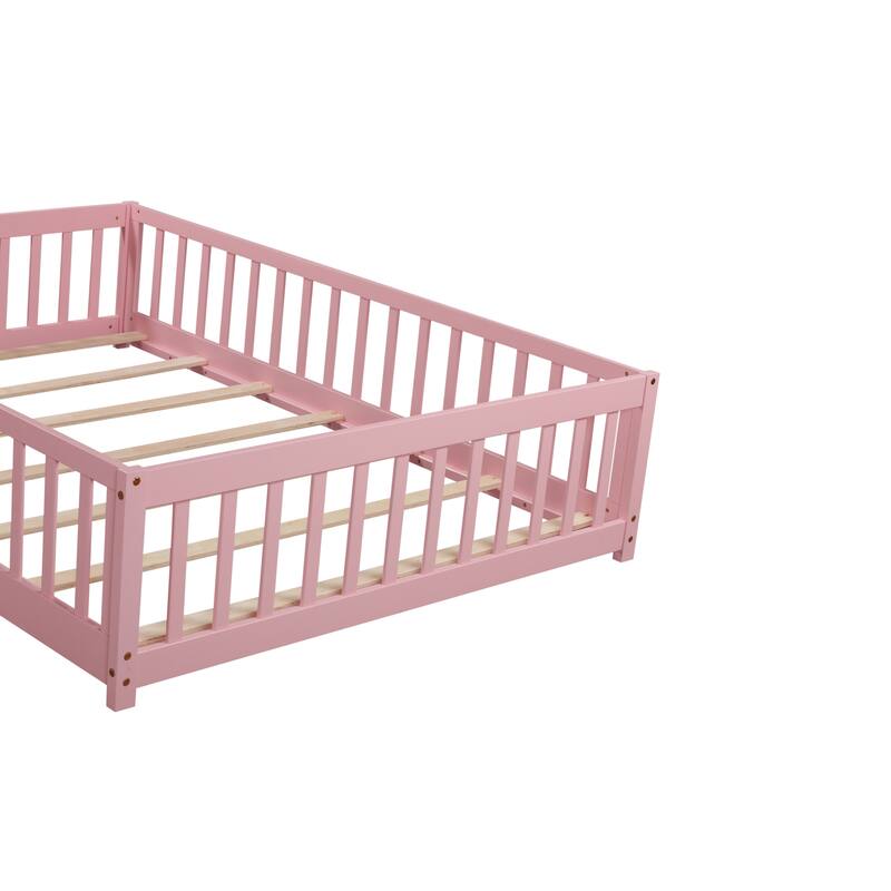 Floor Bed with Fence,Door and Safety Guardrails,Perfect for Kids' Play,Sleep and Development