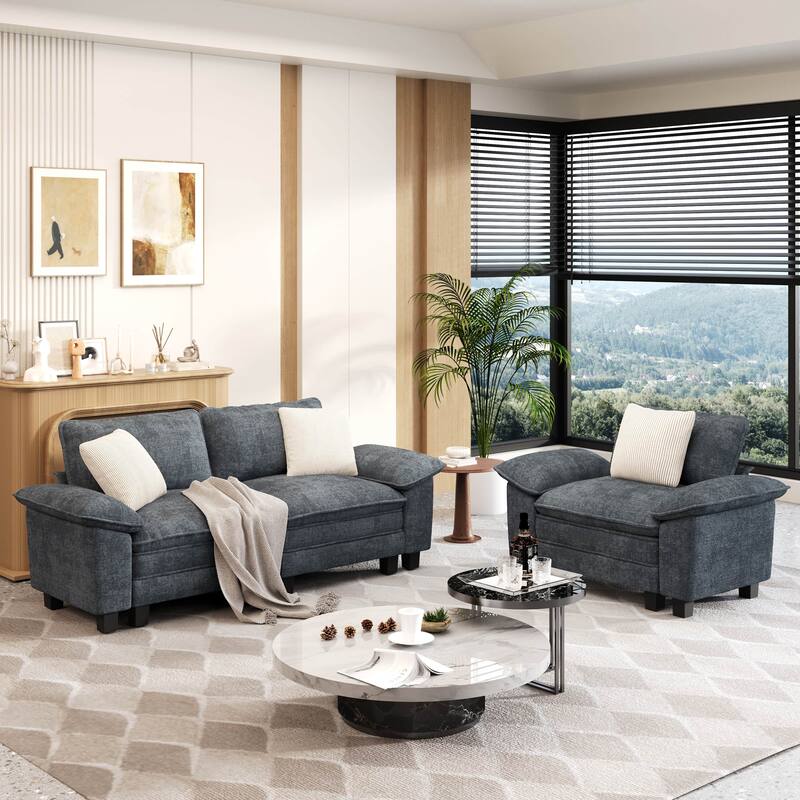 MAISON ARTS 2-Piece Chenille & Corduroy Sofa Set, Comfy 3/4/5-Seater Modular Loveseat & Armchair with Throw Pillows - Blue Grey Chenille(3 Pieces) - Left Facing