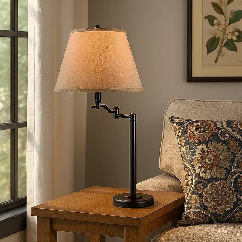 3 Way Metal Body Table Lamp with Swing Arm and Conical Fabric Shade, Black