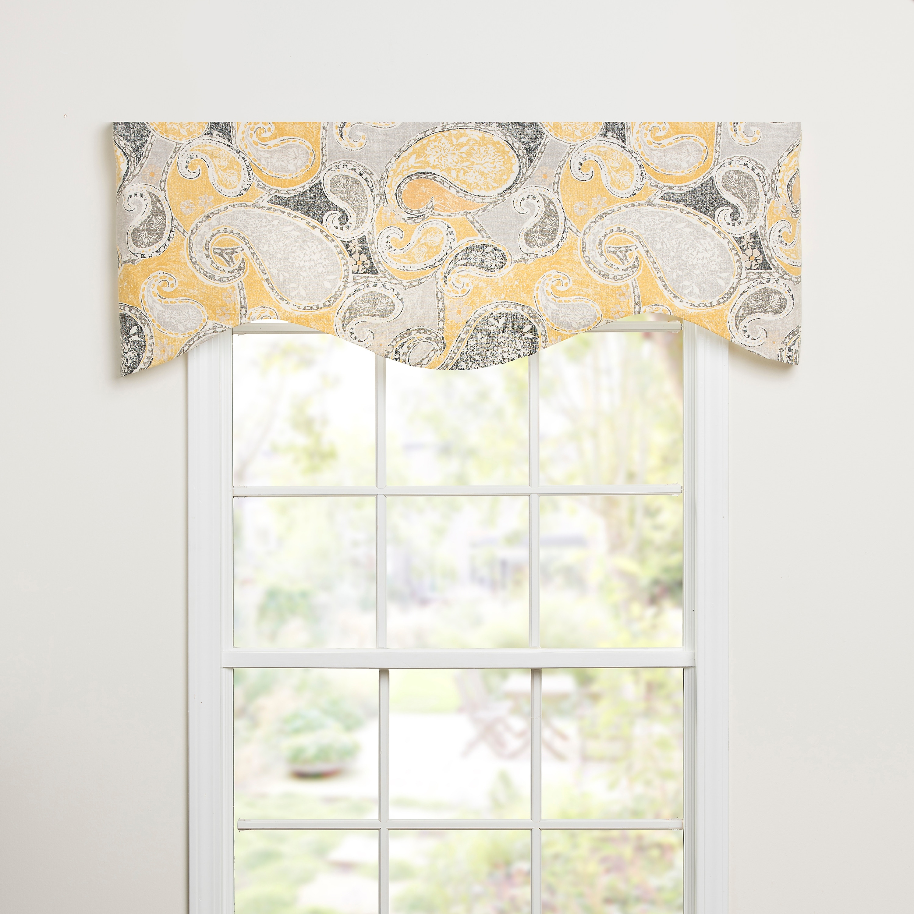 Kippling charcoal grey paisley on yellow shaped valance