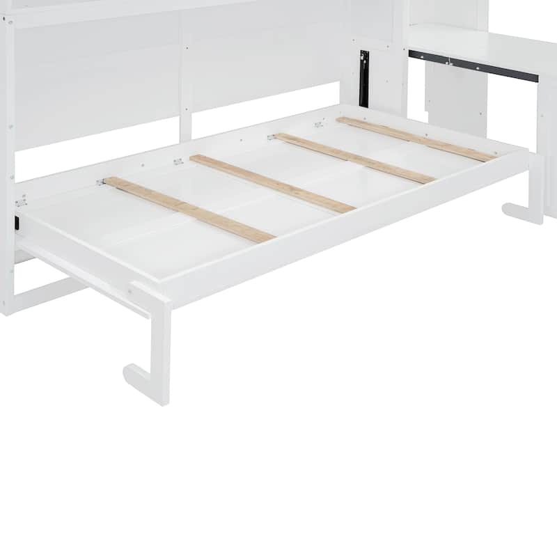 Twin Size Murphy Wall Bed with Closet, Drawers, and Desk, Space-Saving Storage Solution