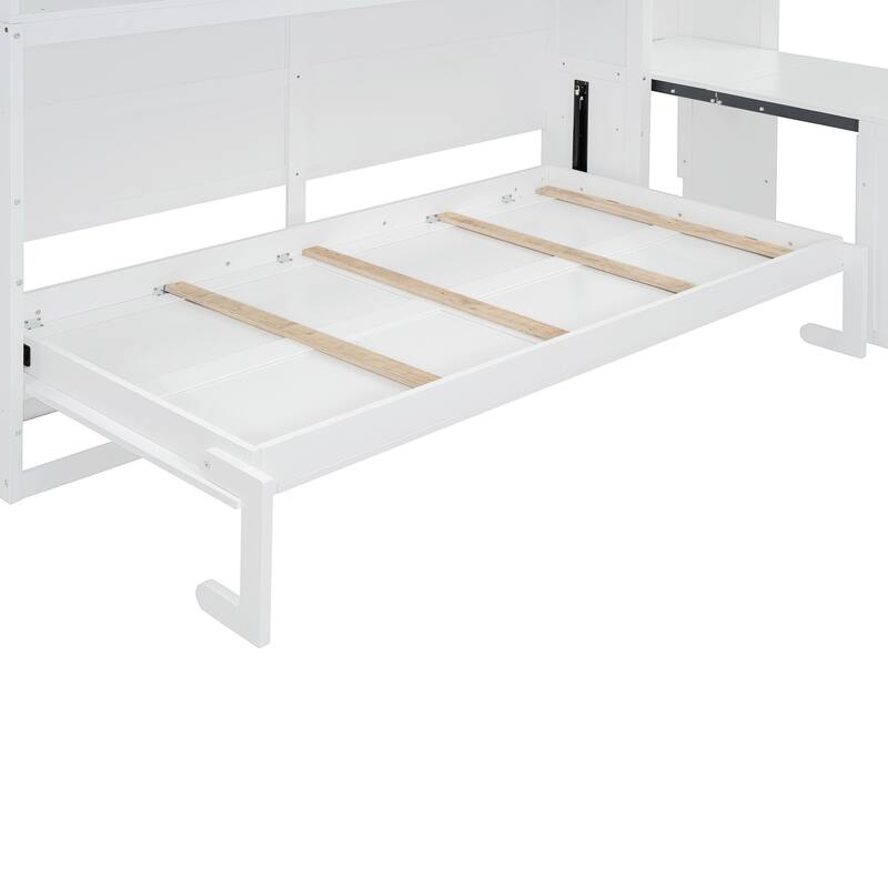Twin Size Wood Murphy Bed with Desk, Foldable Wall Bed with Closet and Open Shelves, Hidden Cabinet Bed Frame with Drawers