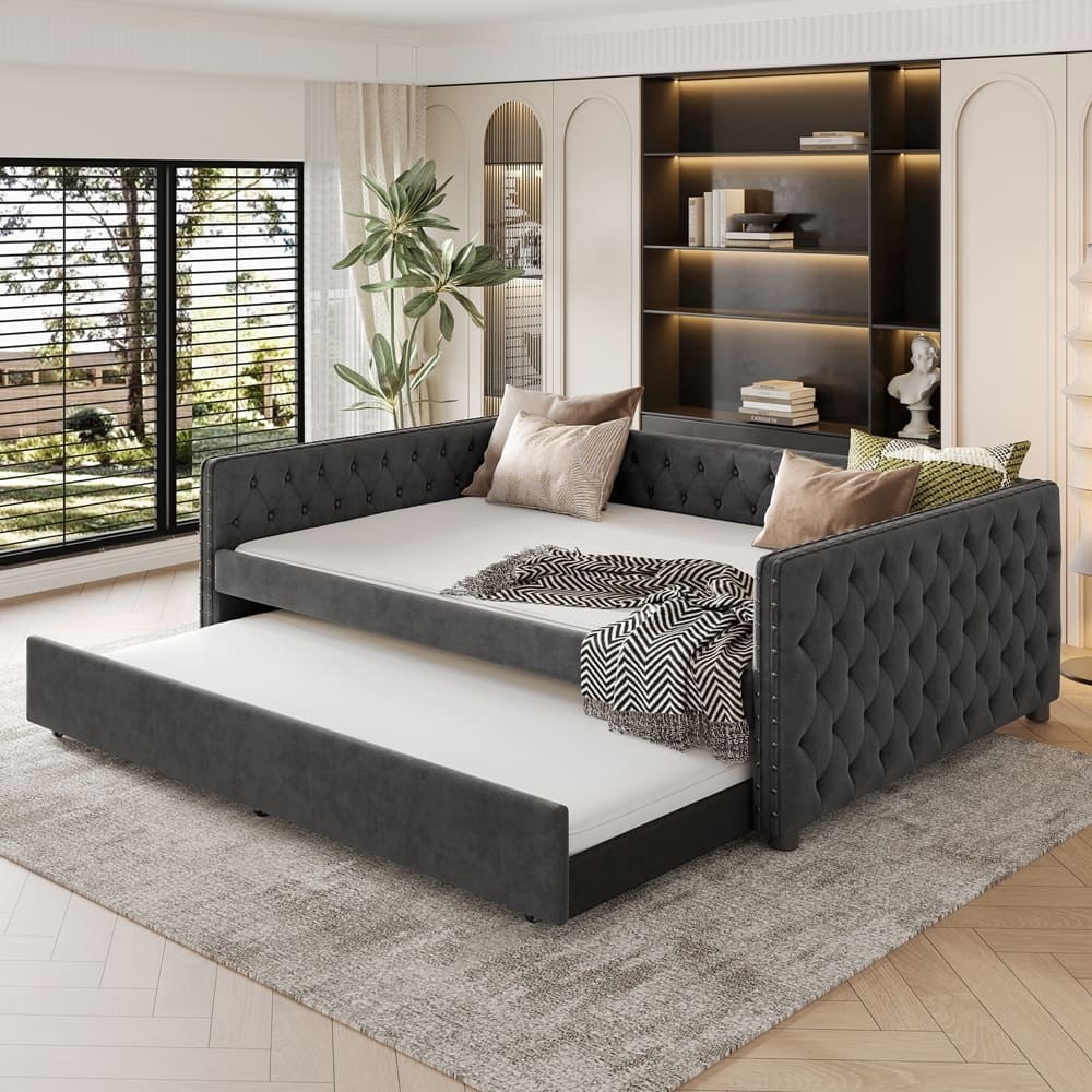 Upholstered Tufted Sofa Bed with Trundle
