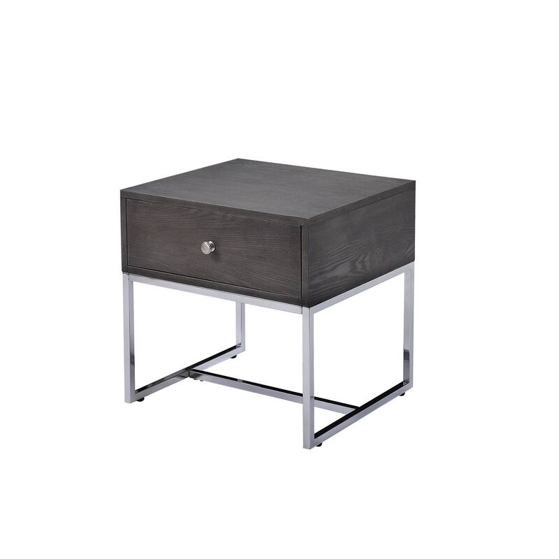 Wooden End Table with Tubular Metal Base and Spacious Drawer, Gray and Silver