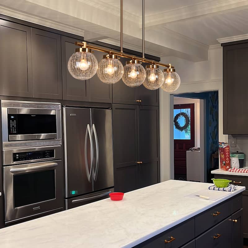 Bola Modern Gold 5-Light Linear Chandelier Globe Glass Kitchen Island Lights - L 38" x W5" x H 7.4"