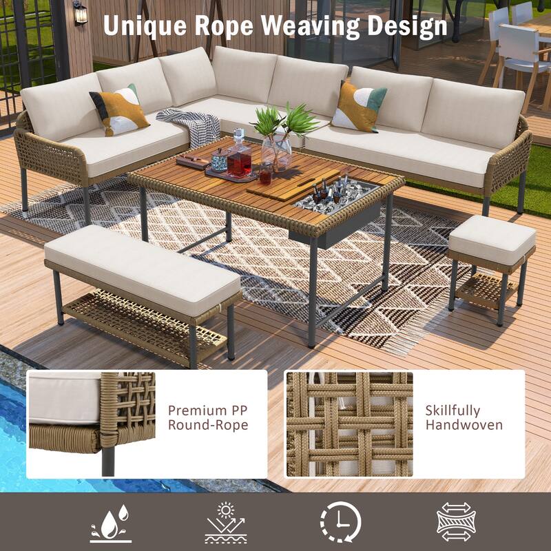 Outdoor 6-Piece Rope L-Shaped Sectional Sofa Set with Acacia Table & Ice Box