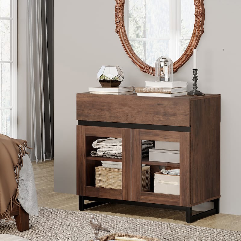 Modern Dresser With Glass Doors, Drawer, And Adjustable Shelf - Multifunctional Storage Cabinet For Living Room Or Bedroom