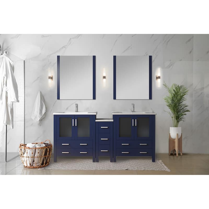 Volez Double Bath Vanity with Side Cabinets, Faucet Set, White Ceramic Top and Mirrors - 72