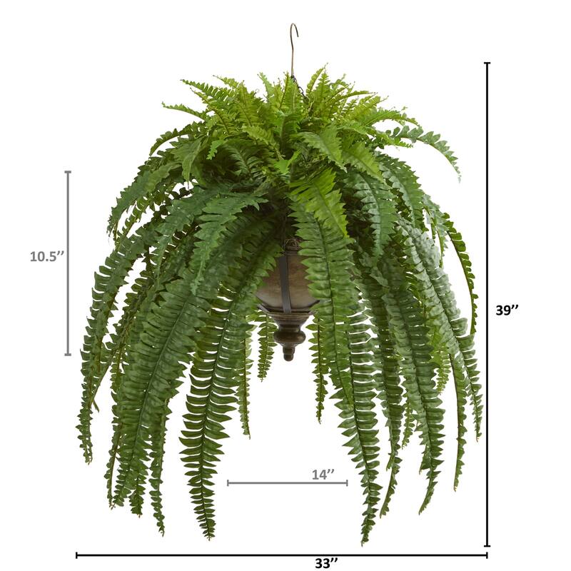 Artificial Hanging Fern Plant Indoor - 39" Tall Metal Bowl Planter - Realistic Fake Tree Decor - Green